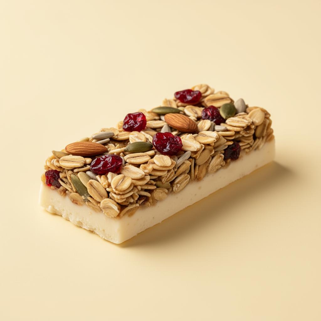 Inside of a Craveo bar — vanilla nougat, oats, almonds, whey crystals